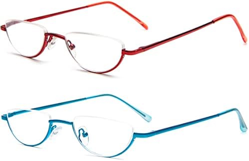 REAVEE 2 Pack Retro Designer Half Frame Reading Glasses for Women Men Spring Hinge Half Moon Readers Stylish Slim Eyeglasses with Pouch, Red and Blue 2.5