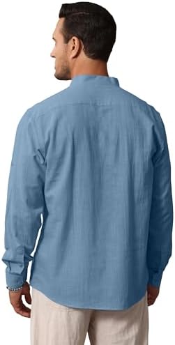 Cotton Linen Shirts for Men Lightweight Casual Long Sleeve Henley Beach Hawaiian Tops