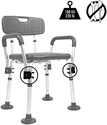 PEPE Mobility Shower Chair to Sit on in Shower, Height Adjustable with Non-Slip Tips, Removable Armrests, Tool-Free Assembly, Black, Safety Bath Seat