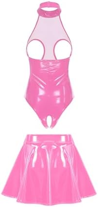 Women Pu Leather Lingerie Outfits Chest Hollow Out Bodysuit with Miniskirt for Clubwear