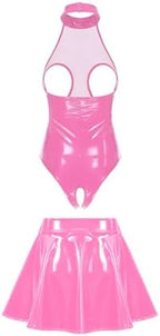 Women Pu Leather Lingerie Outfits Chest Hollow Out Bodysuit with Miniskirt for Clubwear