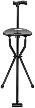 Tripod Cane Chair, 35.4In Foldable Walking Stick with Seat Black Walking Cane Aluminum Alloy Crutch Chair for Seniors 249lbs Capacity