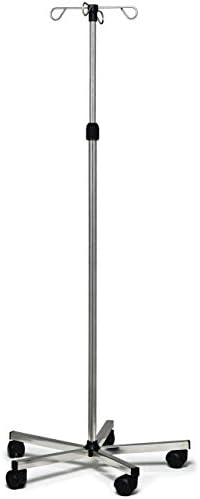 Lumex Deluxe Rolling IV Pole with 4 Hooks – Height-Adjustable Stainless Steel Infusion Stand with 5-Leg Base & Wheels
