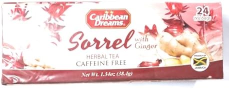 Caribbean Dreams Sorrel & Ginger Tea, 24 Tea Bags, All Natural, Caffeine Free, Herbal Tea, White, (CD S&G)