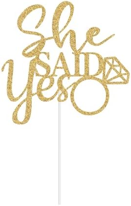 Glitter She Said Yes Cake Topper - Mr & Mrs Wedding Anniversary Cake Topper, He Asked She Said Yes Engagement Bridal Shower Party Decorations Gold