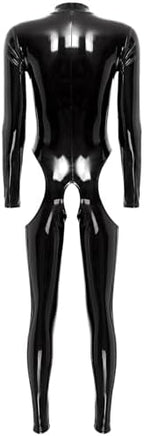 Women's Patent Leather Hollow Out Skinny Jumpsuit Open Cup Breast Exposing Latex Catsuit