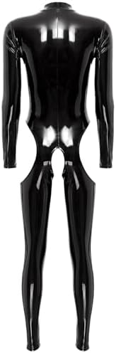 Women's Patent Leather Hollow Out Skinny Jumpsuit Open Cup Breast Exposing Latex Catsuit