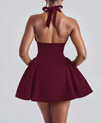 Kwunbwa Women's Sexy Sleeveless Deep V Neck Halter Backless Mini Dress Ruffle Flowy Party Club A line Short Dresses