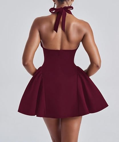 Kwunbwa Women's Sexy Sleeveless Deep V Neck Halter Backless Mini Dress Ruffle Flowy Party Club A line Short Dresses