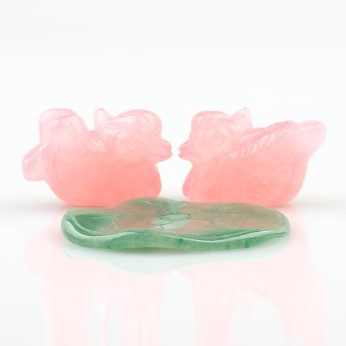 1.5inches Rose Quartz Mandarin Ducks Feng Shui Crystal Love Birds Green Aventurine Lotus Leaf Figurine for Lover and Romance