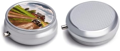 Country Road with Farm and Tractor Pill Box,3 Compartments Round Small Pills Case Moisture-Proof Portable Pill Container for Travel Vitamins Fish Oil Supplements