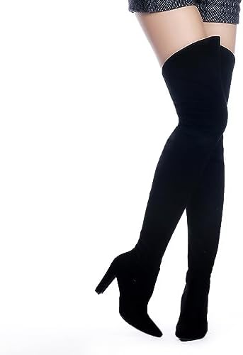 Shoe'N Tale Women Stretch Suede Chunky Heel Over The Knee Boots Thigh High for Women