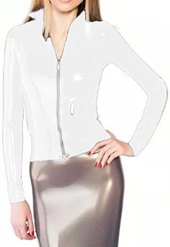 Casual Turtleneck Middle Zipper Elastic Jackets Long Sleeve Ladies PVC Club Dancing Top,White,M