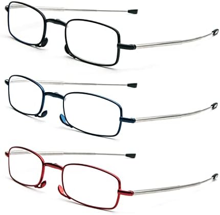 3 Pack Folding Reading Glasses with Keychain Compact Bags Women Men Blue Light Blocking Spring Hinge Portable Pocket Readers,Black Blue and Red 2.0