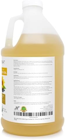 velona USDA Certified Organic Sunflower Oil - 1 Gallon / 128 Fl Oz | 100% Pure and Natural Carrier Oil | High Oleic, Refined| Cooking, Skin, Hair, Body & Face Moisturizing
