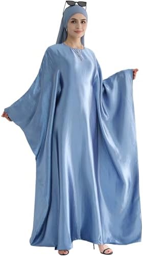 Abaya Muslim Dress Women Satin Prayer Dress Batwing Long Sleeve Middle East Arabian Robe with Hijab