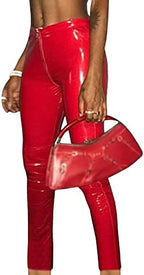 SEMATOMALA Women's Latex Zipper Crotch Leggings Sexy PVC Faux Leather Shiny Wet Look Black Red Tight Lingerie Pants