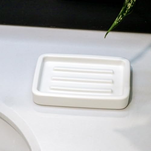 Matte Ceramic Soap Dish with Raised Ridges, Rectangle Bar Soap Holder for Bathroom Counter, Shower and Kitchen Sink, White