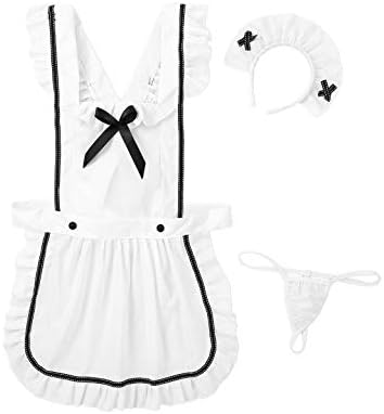 dPois Womens Sexy Ruffle French Aprons Maid Kitchen Cooking Fancy Dress with Hair Hoop G-string Briefs