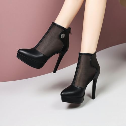 12.5CM Women's Mesh Platform Stiletto Heel Ankle Booties Pointed Toe Back Zipper Rhinestone Heels