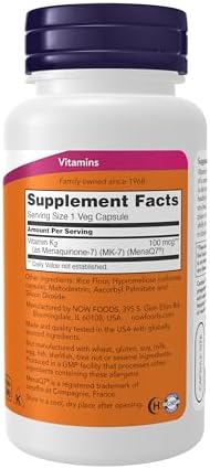 NOW Foods Supplements, MK-7 Vitamin K-2 100 mcg, Cardiovascular Support*, Supports Bone Health*, 120 Veg Capsules