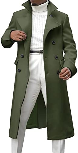 Ebifin Men's Notch Lapel Double Breasted Long Trench Coat Casual Cotton Blend Peacoat