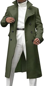 Ebifin Men's Notch Lapel Double Breasted Long Trench Coat Casual Cotton Blend Peacoat