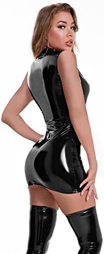 FEOYA Latex Dress for Women Sexy Faux Leather Mini Dress Halloween Devil Dominatrice Costumes PU Wet Look Lingerie Outfits