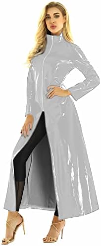 Unisex Men Women Wetlook PVC Leather Dress Long Sleeve Coat Clubwear Female Nightclub Rave Party Pole Dance Performance Costumes (2X-Large,Silver,XX-Large)