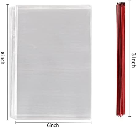 200 Pcs 6 in x 8 in(1.4mil.) Clear Flat Cello Cellophane Treat Bags Good for Bakery, Cookies, Candies,Dessert with five random color Twist Ties!