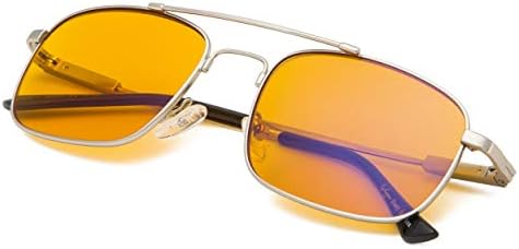 Eyekepper Memory Titanium Sleeping Glasses-Blue Light Blocking 97%-Computer Reading Glasses-Reduce Eyestrain Readers Dark Orange Tinted Lens (Silver, 1.50)