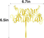 Merry Birthday Cake Topper,Gold Acrylic Xmas Birthday Cake Decorations, for Winter, Happy New Year snowflake Party, Christmas deer Theme Party Cake Decorations