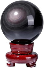 StoneStory Natural Obsidian Sphere with Rainbow Eye Healing Crystal Fengshui Ball with Stand Sculpture Figurine for Home Decor Divination 3.54"-3.93"(9-10cm/3.54"-3.93")