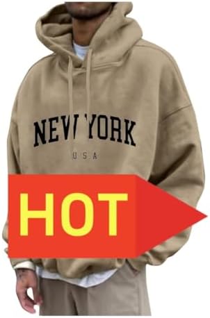 Men's Letter Graphic Print Hoodie Casual Long Sleeve Pullover Oversize New York Sweatshirt Pocket Drawstring Top