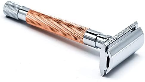 Parker 56R Heavyweight Double Edge Safety Razor with 5 Parker Premium Platinum Stainless Steel Razor Blades – Classic 3 Piece Design (Rose Gold))