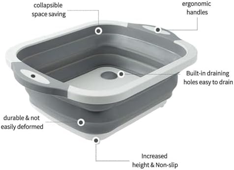 Collapsible Washing Bowl, Multi Function Bowl Drying Rack, Portable Cutting Board, Retractable Drain Washing Basket Basin Vegetable Fruit Tray for for Camping, Picnic, Kitchen