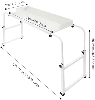 Over Bed Table with Wheels, Overbed Table, Mobile Bed Desk with Raised Baffle, 25.6-37.4in Height and 3.94-6.89ft Length Adjustable, Mobile Bed Desk for Laptop Food Bedroom Living Room Office