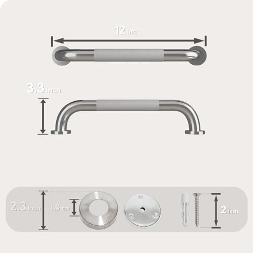 12 Inch Shower Grab Bar, Bathroom Grab Bar Handle with Anti-Slip Knurled Grip, Stainless Steel Bath Balance Bar, 1.0" Diameter Bath Safety Bar Support for Seniors Elderly Pregnant, Brushed Nickel