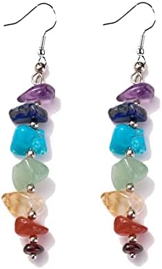 7 Chakra Stone Long Drop Dangle Earrings Colorful Necklace Set Crystal Hook Reiki Healing Beads for Women Yoga Energy Balancing Jewelry-A