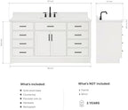 ARIEL Hepburn 66-inch Bathroom Vanity with Sink,Solid Wood, 1.5-inch Pure White Quartz Countertop & Backsplash, Single Rectangular Porcelain Sink, 2 Soft Closing Doors, 9 Dovetail Drawers, White