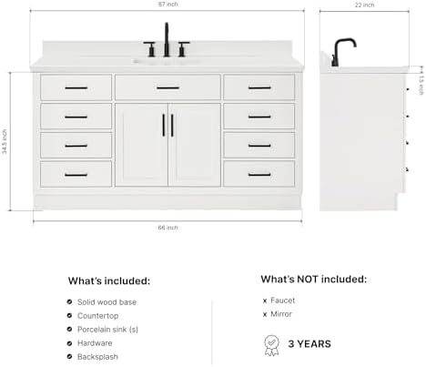 ARIEL Hepburn 66-inch Bathroom Vanity with Sink,Solid Wood, 1.5-inch Pure White Quartz Countertop & Backsplash, Single Rectangular Porcelain Sink, 2 Soft Closing Doors, 9 Dovetail Drawers, White