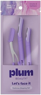 Plum Beauty Eyebrow Shaping Set – Complete 3-Piece Grooming Kit with 2 Folding Razors & Precision Trimming Scissors with Brush - Painless Brow Definition & Maintenance