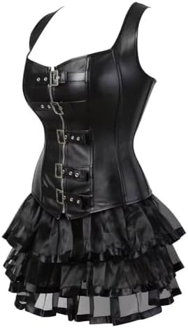 Corset Dress Bustier Skirt Set Steampunk Leather Burlesque Shoulder Straps Plus Size Halloween