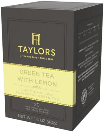 Taylors of Harrogate Green Tea with Lemon, Individually Wrapped Bags, 20 Count (Pack of 6), Citrussy, Mellow and Light, Caffeinated, Enjoy Hot or Iced, 120 Teabags Total