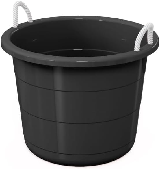 17-Gallon Flexible Plastic Utility Bucket, Multi-Purpose Storage Tub with Rope Handles, Black