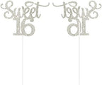 Gexolenu 1 PCS Silver Glitter Double-sided Happy Sweet 16 Cake Toppers,16th Cake Topper, Sweet 16 Birthday Cake Party Supplies, Sweet 16 Decorations for Cake, Sweet 16 Party Decorations