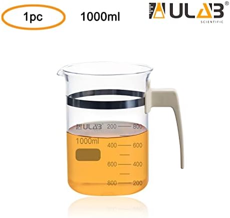 ULAB Glass Beaker with Handle, Vol. 1000ml, 3.3 Borosilicate Griffin Low Form with Printed Graduation, Double Scale, UBG1051