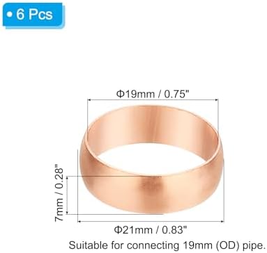 PATIKIL 19mm Tube OD Compression Sleeves Ferrules, 6pcs Copper Ferrule Fitting Compression Fitting Assortment Kit for Air Water Gas