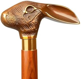 Wooden Walking-Stick with Antiquated Brass Handle, Animal Head Handmade Victorian Foldable Walking Cane for Seniors & Unisex Adults
