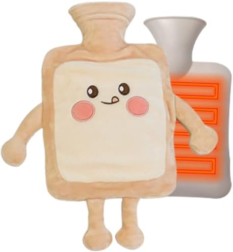 Hot Water Bottle 1000ML Hot Water Bag Hot Pack with Cute Toast Bread Plush Cover Large Rubber Hot Water Bottles Hand Warmer for Pain Relief Gift Rubber Water Bottle for Women, Girls
